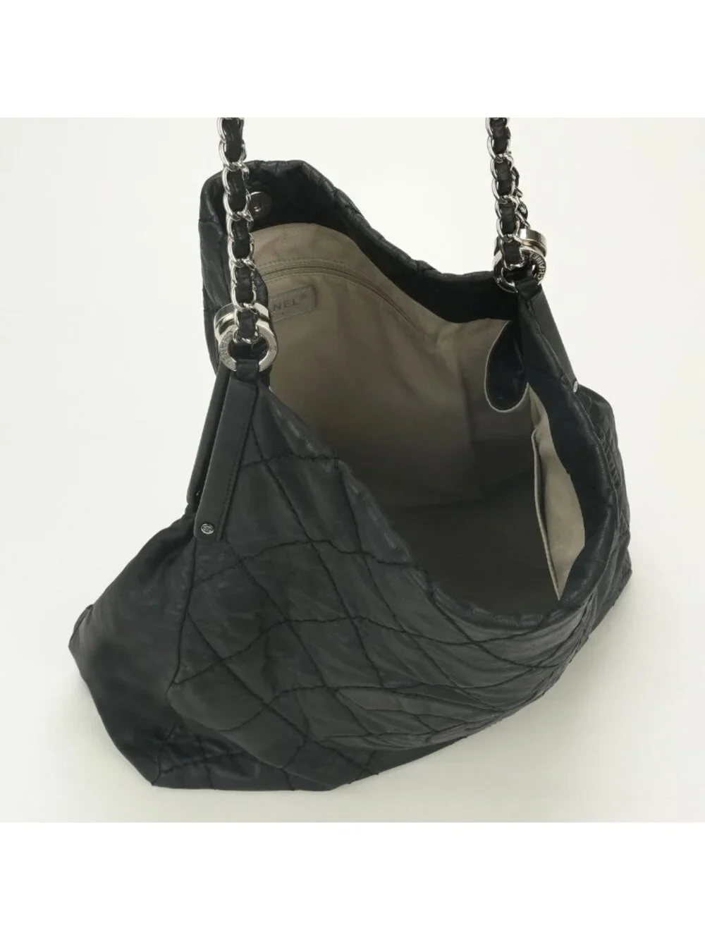 Chanel Quilted Tote Sparkle Leather Black Silver Handbag CC Logo Double Chain